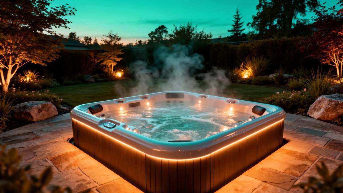 Luxury hot tub at dusk with steam and LED lighting