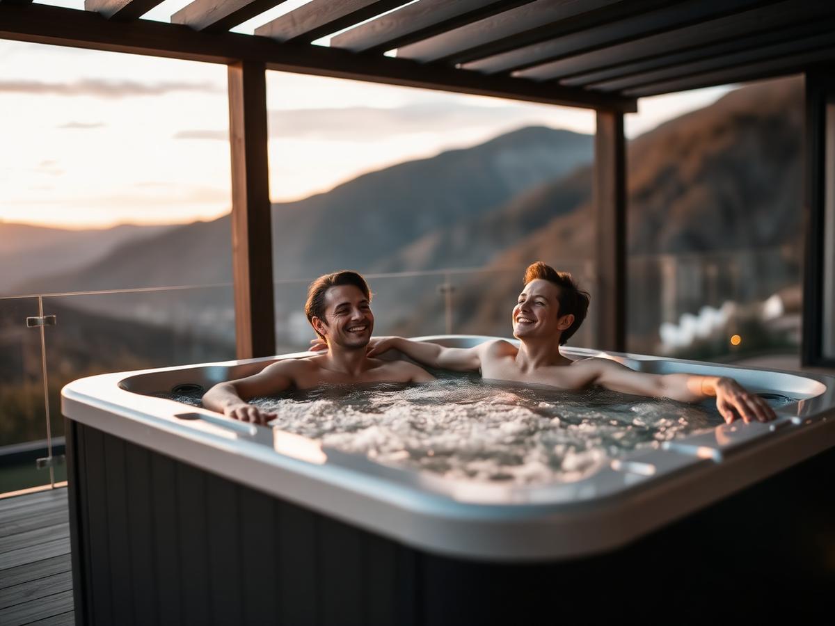 Couple relaxing in hot tub at sunset