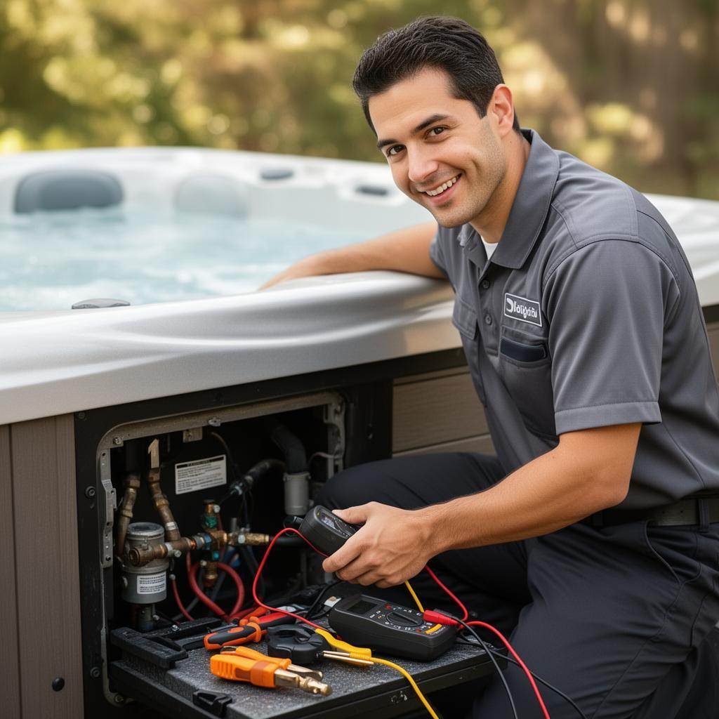 AquaPro spa technician diagnosing a hot tub